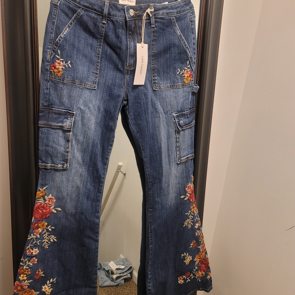 DRIFTWOOD Denim Flare Jeans with Floral Embroidery